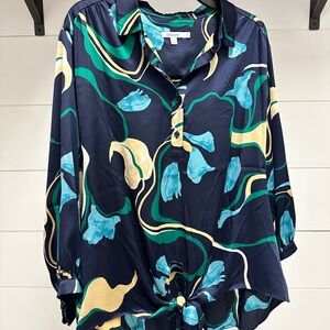 Chico's Navy and Teal Floral Blouse